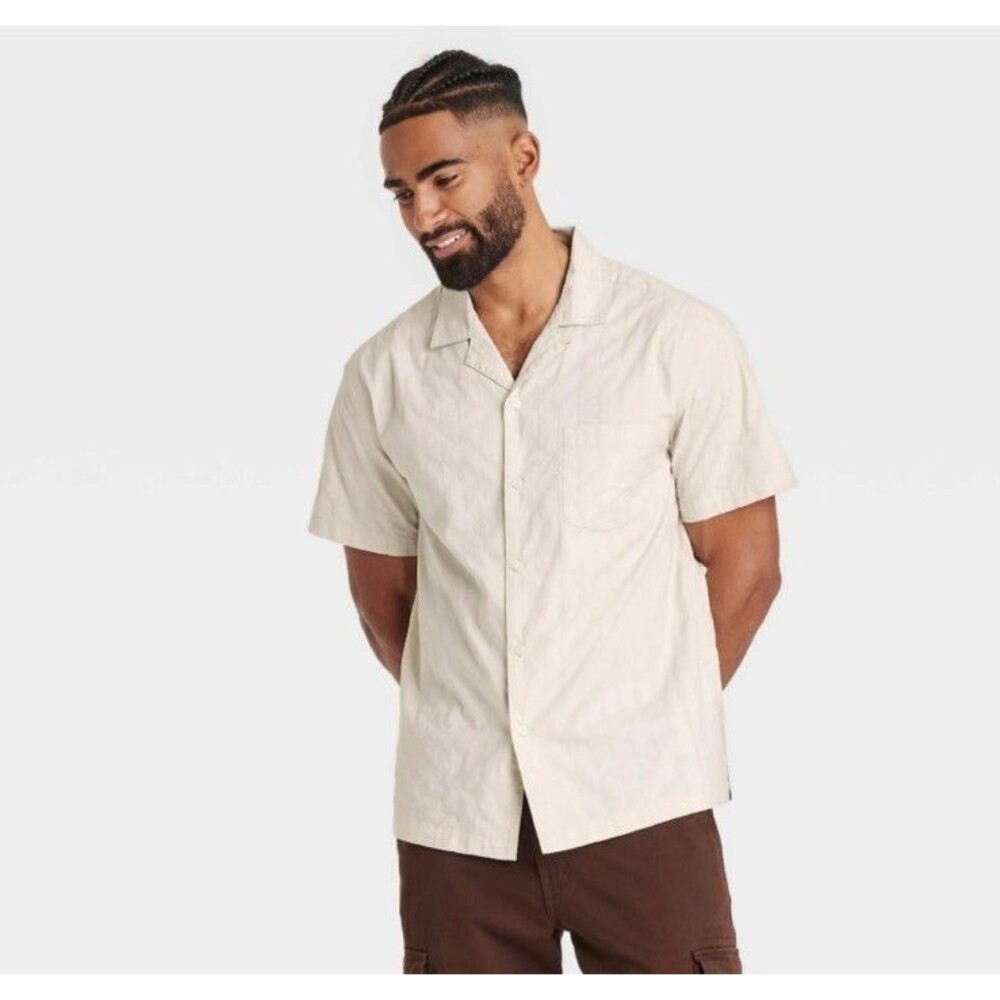 NWT Goodfellow & Co. Men's Striped Short Sleeve Button Down Cream- Size XL